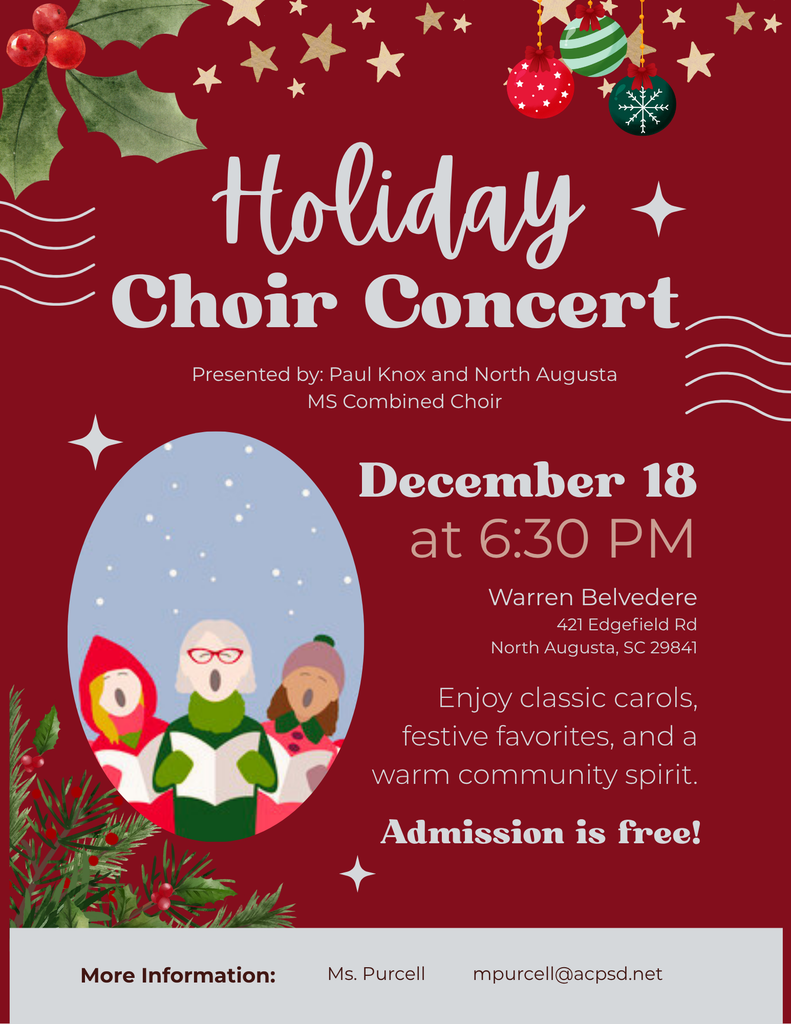 Get ready for a joyful night of singing! The PK Chorus Holiday Concert will take place Thursday, December 18th at 6:30 PM at Warren Belvedere. This year is extra special—it’s a combined performance with NAMS, bringing both schools together for an evening full of heart, harmony, and holiday cheer.  The show features two unique acts: Act I: A classic, elegant set featuring traditional selections. Act II: A fun, festive, high-energy celebration of the season!  And just for a little friendly fun… we’re keeping an eye on which school brings the biggest, loudest audience section. Will PK or NAMS take the crown for the most spirited supporters? Come cheer your students on and help your school win the bragging rights!  We can’t wait to see you there and kick off the holidays together!