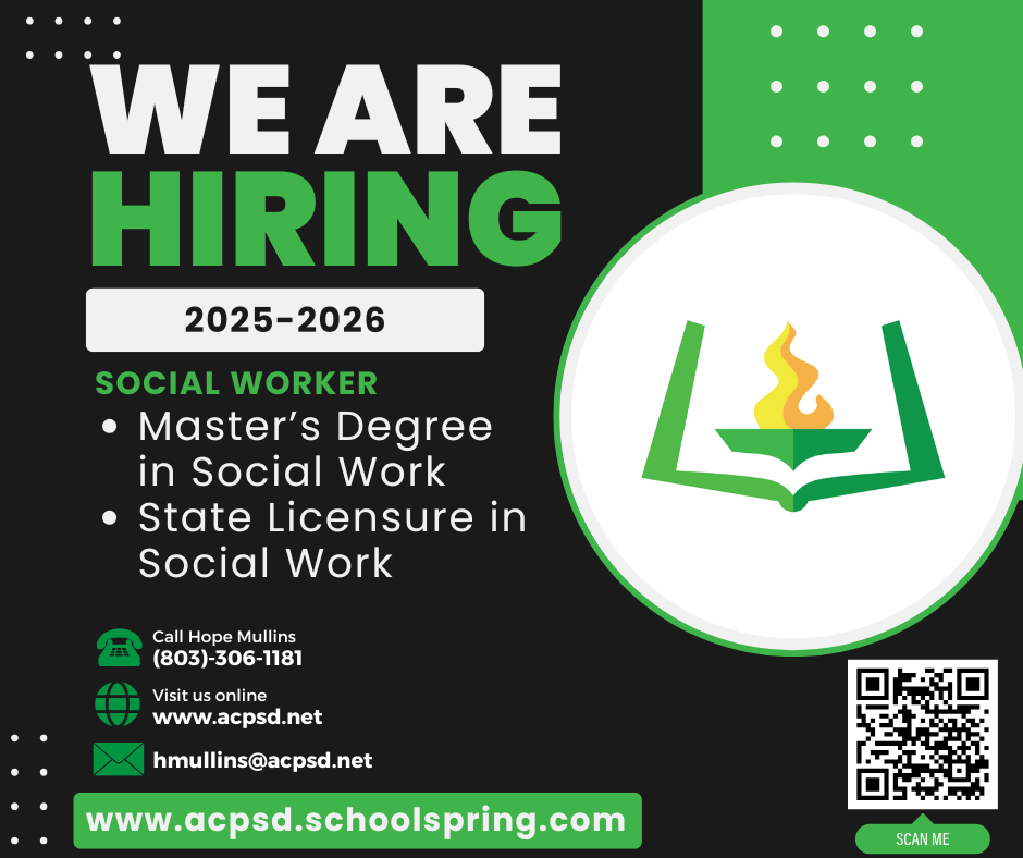 We are hiring 2025-2026. Social Worker. Master's Degree in Social Work. State licensure in Social work. www.acpsd.schoolspring.com