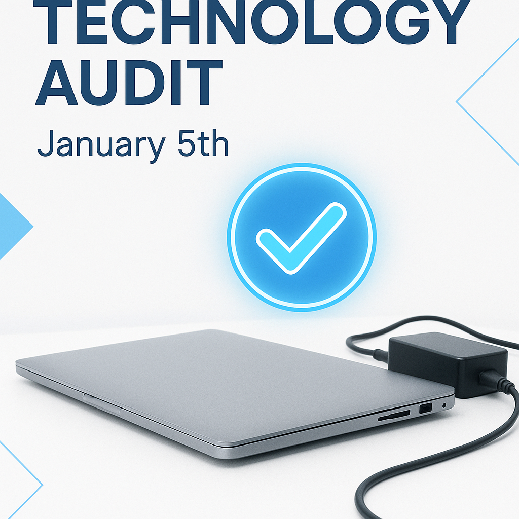 Technology Audit thumbnail, with a picture of a closed laptop and a charger with the words Technology Audit January 5th.  
