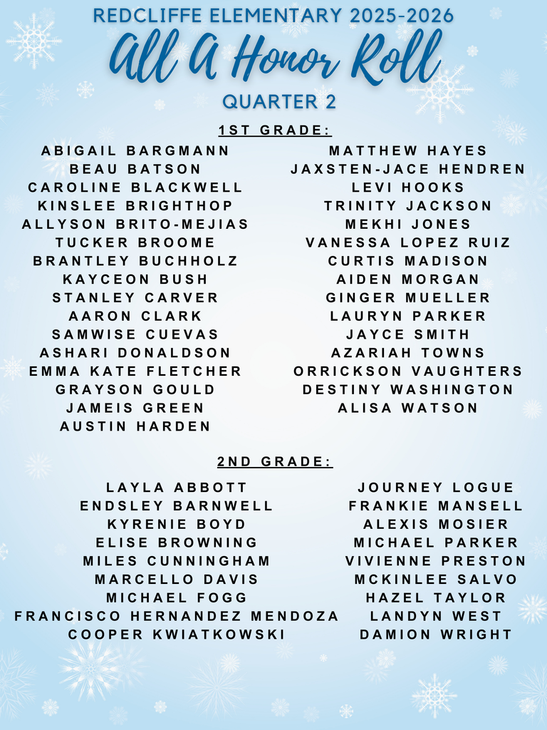 REDCLIFFE ELEMENTARY 2025-2026  All A Honor Roll QUARTER 2  1ST GRADE:  ABIGAIL BARGMANN  BEAU BATSON  CAROLINE BLACKWELL  KINSLEE BRIGHT HOP  ALLYSON BRITO-MEJIAS  TUCKER BROOME  BRANTLEY BUCHHOLZ  KAYCEON BUSH  STANLEY CARVER  AARON CLARK  SAMWISE CUEVAS  AS HARI DONALDSON  EMMA KATE FLETCHER  GRAYSON GOULD  JAMEIS GREEN  AUSTIN HARDEN  MATTHEW HAYES  J AX STEN-JACE HENDREN  LEVI HOOKS  TRINITY JACKSON  MEKHI JONES  VANESSA LOPEZ RUIZ  CURTIS MADISON  AIDEN MORGAN  GINGER MUELLER  LAURYN PARKER  JAYCE SMITH  AZARIAH TOWNS  ORRICK SON VAUGHTERS  DESTINY WASHINGTON  ALISA WATSON  2ND GRADE:  LAYLA ABBOTT  ENDSLEY BARNWELL  KY RENIE BOYD  ELISE BROWNING  MILES CUNNINGHAM  MARCELLO DAVIS  MICHAEL FOGG  FRANCISCO HERNANDEZ MENDOZA  COOPER KWIATKOWSKI  JOURNEY LOGUE  FRANKIE MANSELL  ALEXIS MOSIER  MICHAEL PARKER  VIVIENNE PRESTON  MCKINLEE SALVO  HAZEL TAYLOR  LANDYN WEST  DAMION WRIGHT .