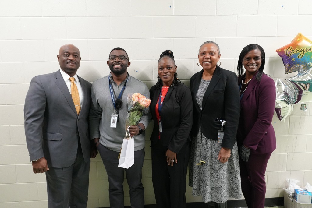 Group picture with District Superintendent Dr. Corey Murphy, Teacher of the  Year Honor Court Member Arrington Weston, SMS Principal Shunte Dugar, Asst Super of Middle Schools Dr. Phyllis Gamble, and Employee Relations Coordinator Kayla  Jordan. 