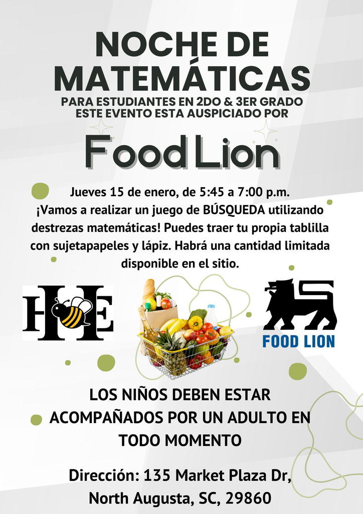 details about Math Night for 2nd -3rd Grade at Food Lion Jan. 15 from 5:45-7:00 in Spanish