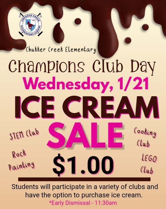 Ice Cream Sales flyer for Wednesday January 21 with melted ice cream and school symbol