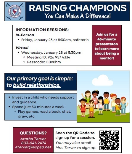 Raising Champions Mentor Training with school logo and a picture of 9 kids