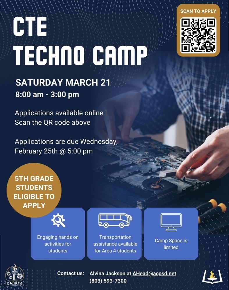 A flyer for CTE Techo Camp with a QR code to apply.