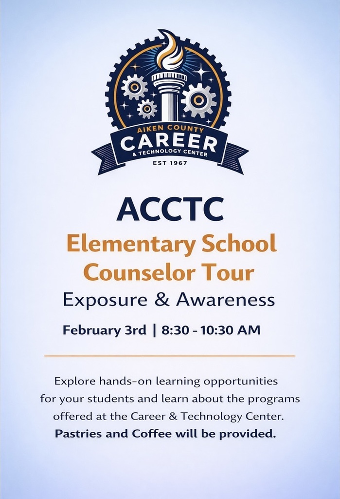 A blue flyer with a symbol ofa torch and gears provides information about Elementary School Counselor Tour.