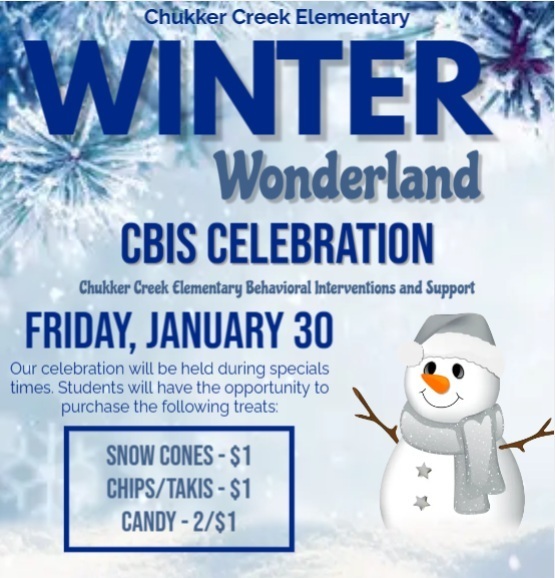 January CBIS Celebration Flyer with snowflakes and one snowman