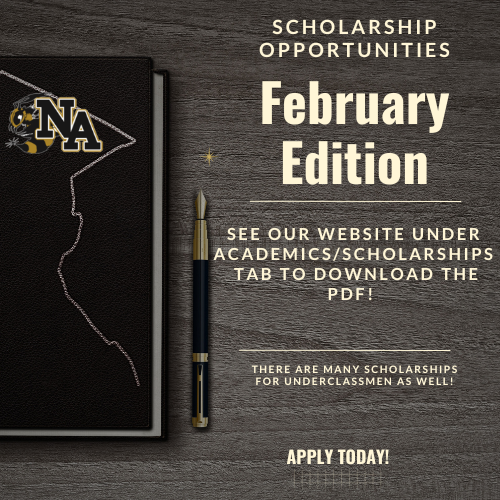 Book with silhouette of graduate, NA logo and pen.