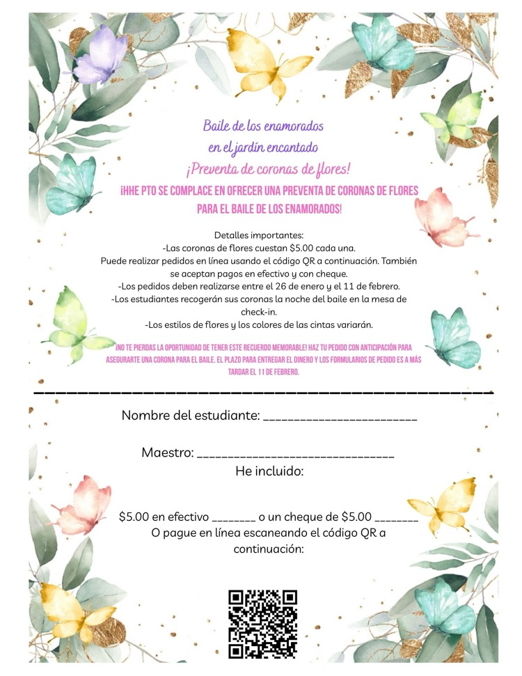 floral print stating purchase of floral crowns are available through Feb. 11. in Spanish