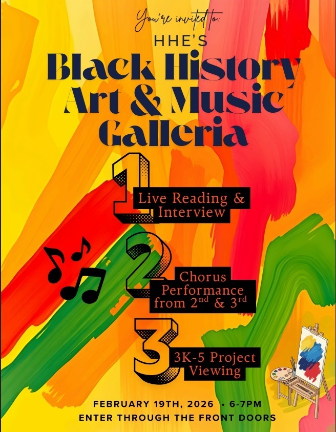 orange, yellow, red, and green flyer with details for Black History Celebration on Feb. 19 from 6-7