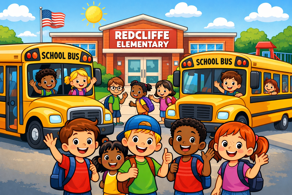 School building with students standing in front and school buses parked in front with students on them.