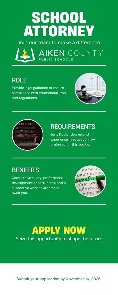 School Attorney. Join our team to make a difference. Role. Provide legal guidance to ensure compliance with educational laws and regulations. Requirements. Juris Doctor degree and experience in education law preferred for this position. Benefits. Competitive salary, professional development opportunities, and a supportive work environment await you. Apply Now. Seize this opportunity to shape the future. Submit your application by November 14, 2025!