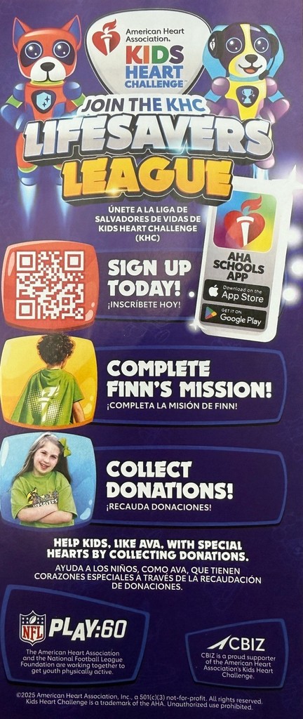 A flyer for the American Heart Association Livesavers League has a QR code and information about making donations.