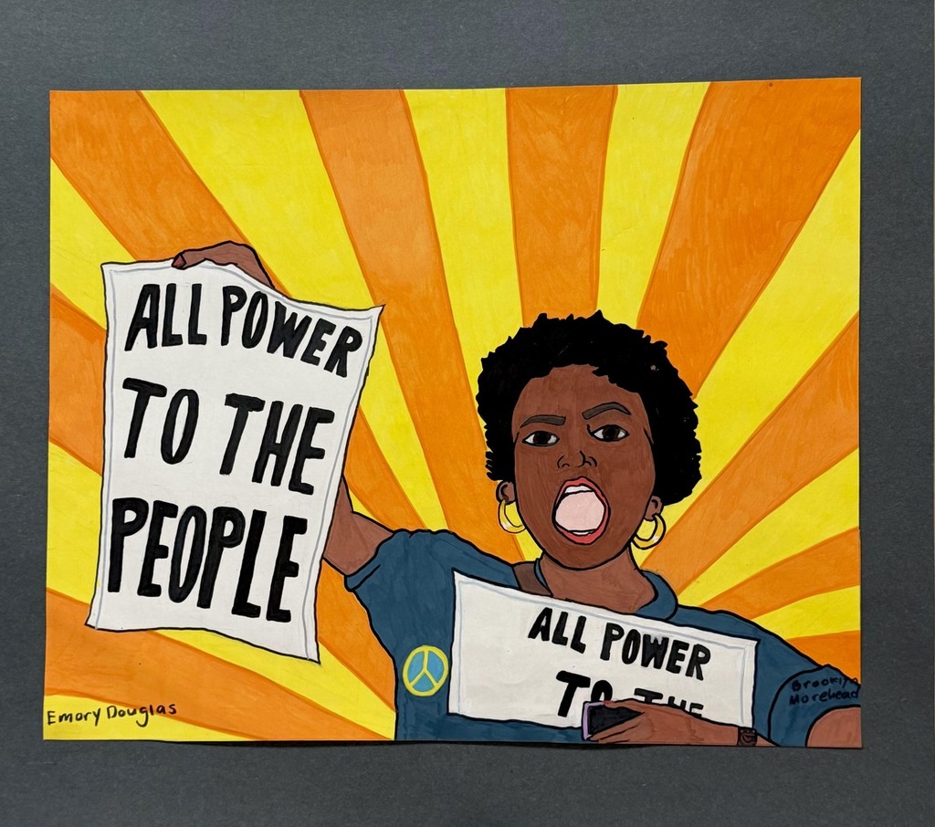 Art drawing of woman holding up signs with sun beam.