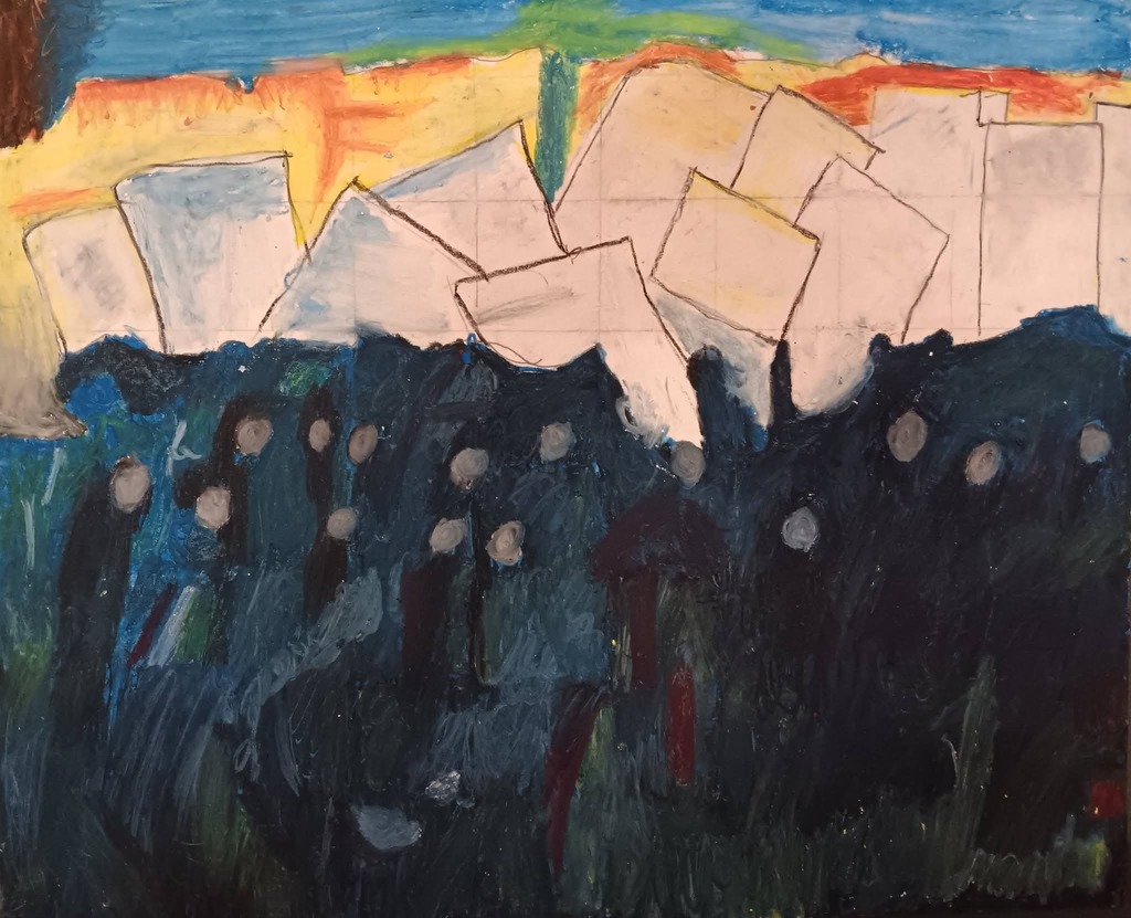 Painting of outline of people holding signs.