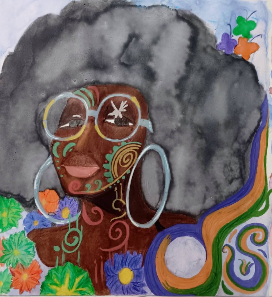 Art work with african american woman with glasses and big eyeglasses.