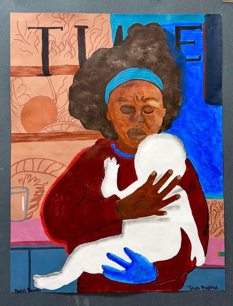 African American Woman holding white baby with kitchen in background.
