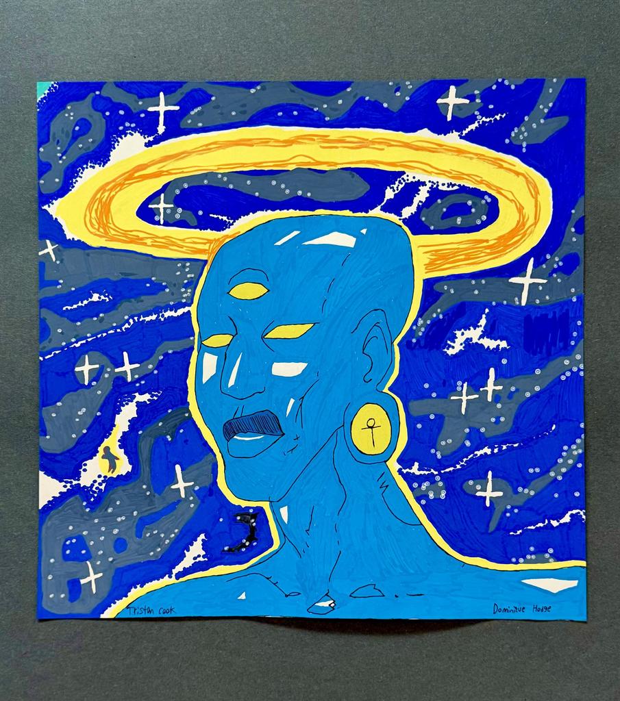 Painting of blue alien man with yellow earrings and halo.