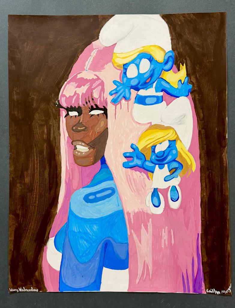 African American Woman with long pink hair and blue smurf.