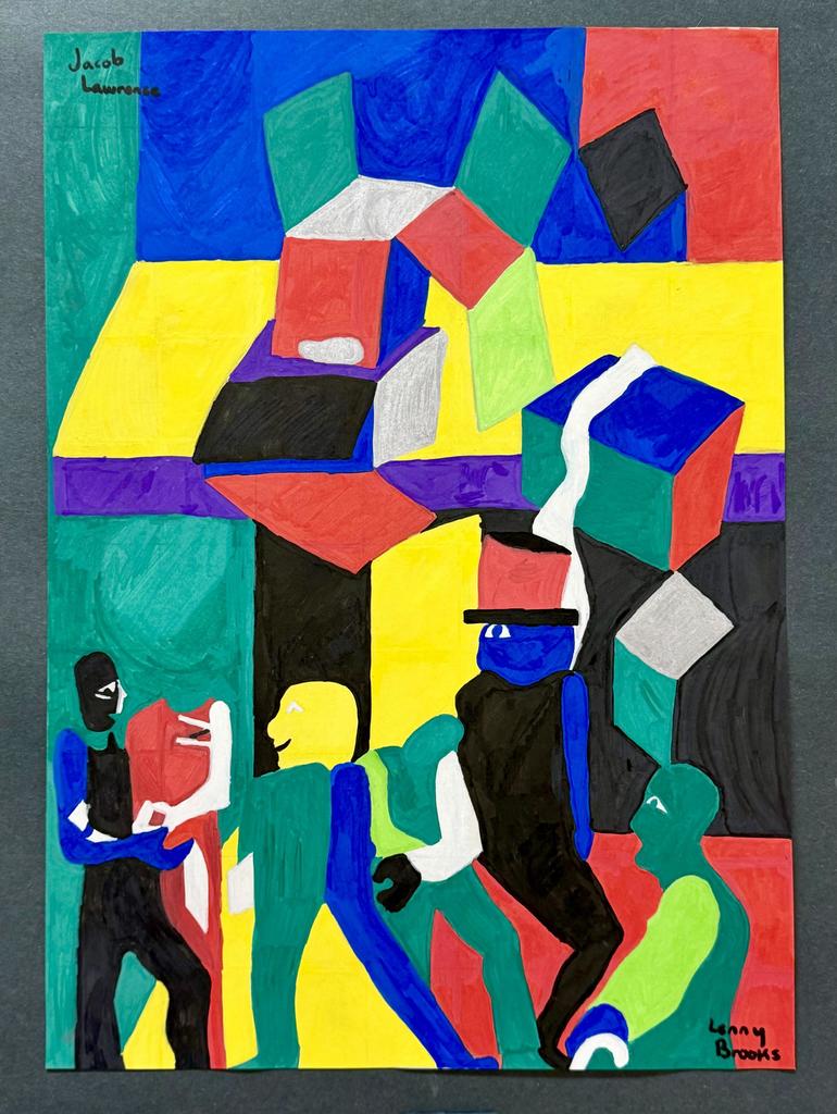 Colorful painting of people and people. silhouettes.