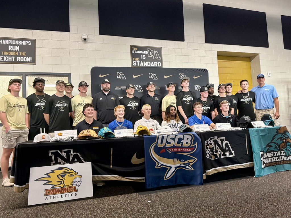 Six North Augusta Athletes sign to baseball program and pose with teammates. 