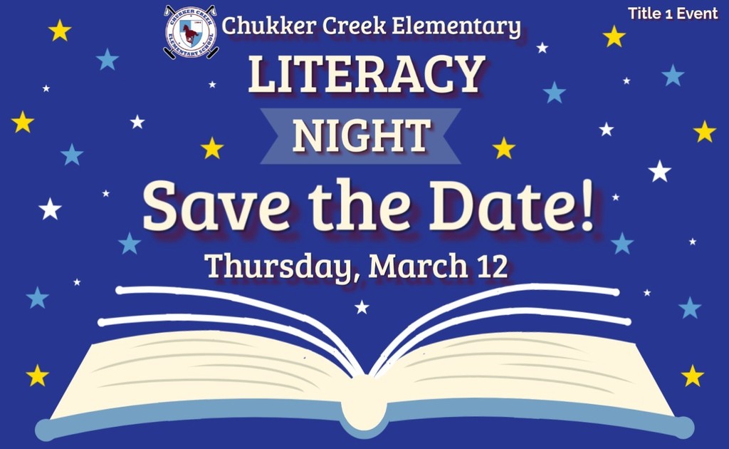 Literacy Night Save the Date with a book and multiple colored stars along with the school logo