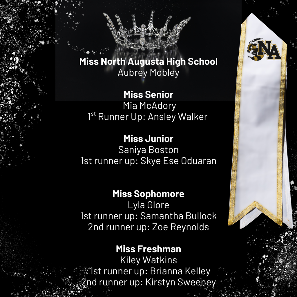 List of pageant winners with sash and NA Logo.