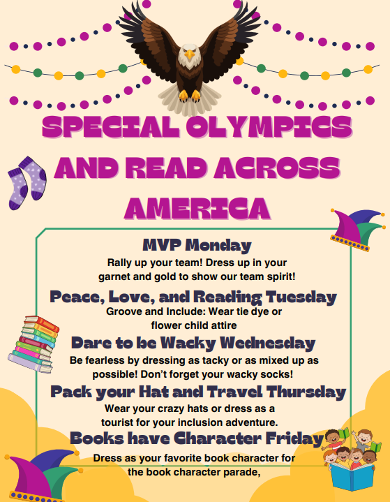 A flyer with an eagle with open wings provides information about dress-up days for Special Olympics and Read Across America Spirit Week.