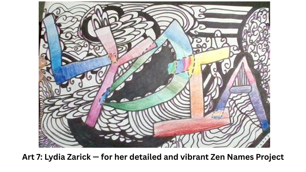 Colorful name Lydia with black and white geometric designs in the background