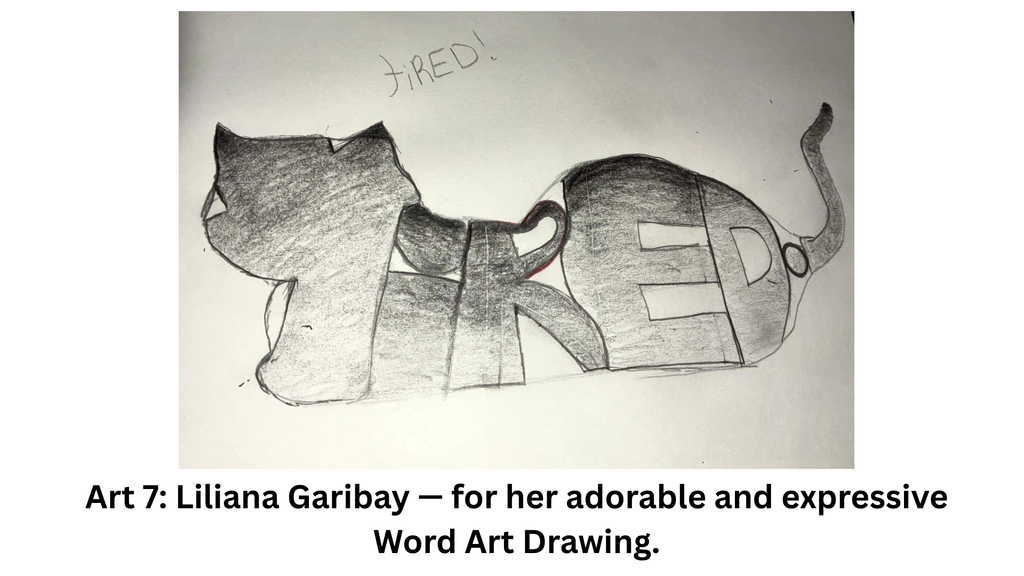 drawing of a cat using the word tired
