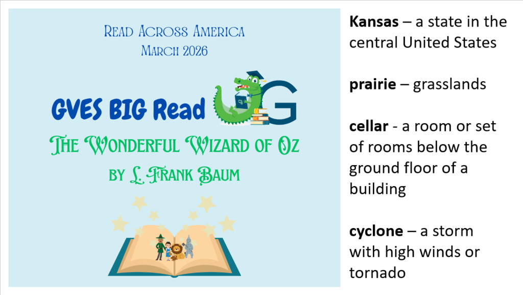 This graphic has the vocabulary words for the day with the Big Read for The Wonderful Wizard of Oz.  These words include Kansas, a state in the central United States, prairie, a grassland, cellar, a room or set of rooms below the ground floor of a building and a cyclone, a storm with high winds or tornado