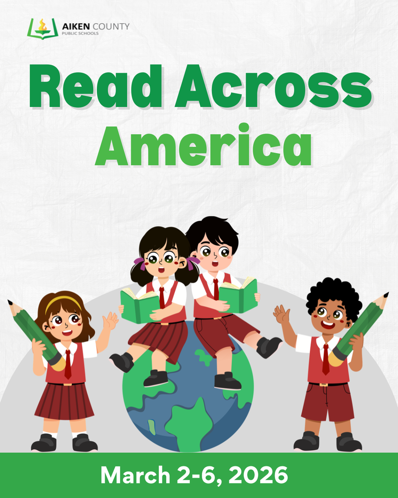 Read Across America March 2-6. Photo includes graphics of four children around a glob with pencils and books.