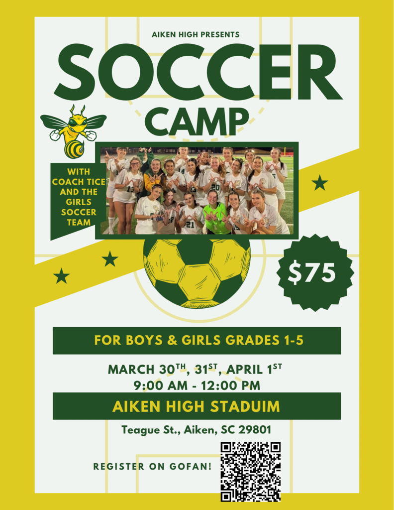 The Aiken High Girls Soccer Team will be sponsoring a Kids Soccer Camp for grades 1-5 March 30th, 31st and April 1st from 9:00 am to 12:00 pm at the Hagood Stadium. Registration Info is coming soon. The cost is $75 and includes a t-shirt.