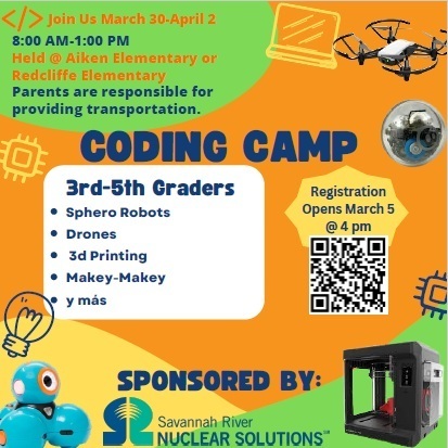 Coding Camp with STEM pictures and QR code for sign ups