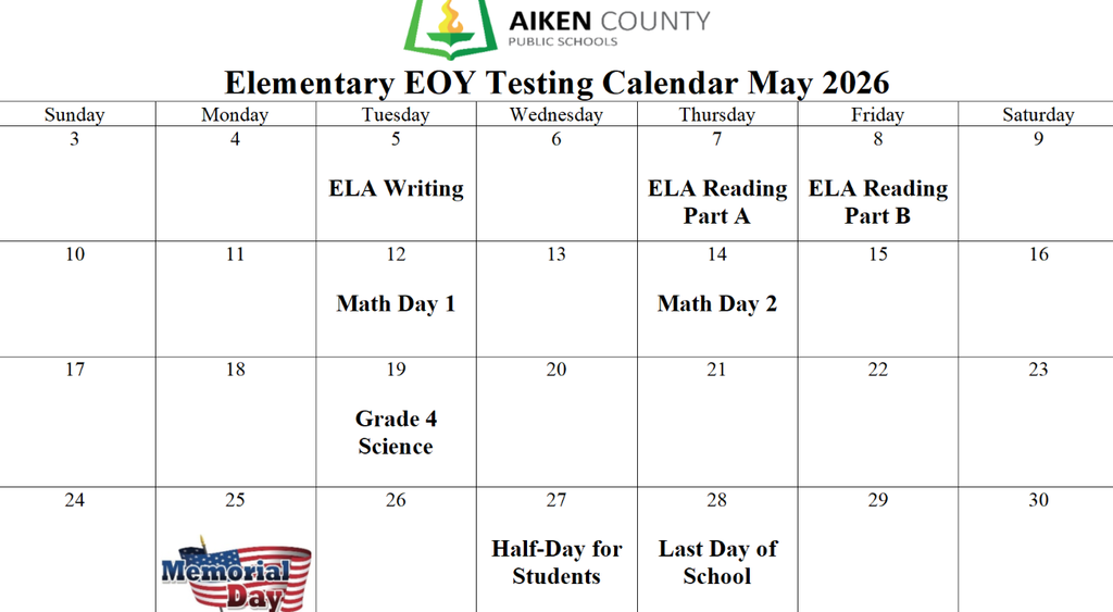 Elementary End of Year Testing May 2026