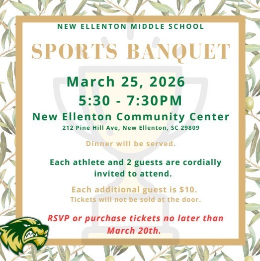 NEMS Sports Banquet March 25, 2026 5:30 PM-7:30 PM at New Ellenton Community Center  