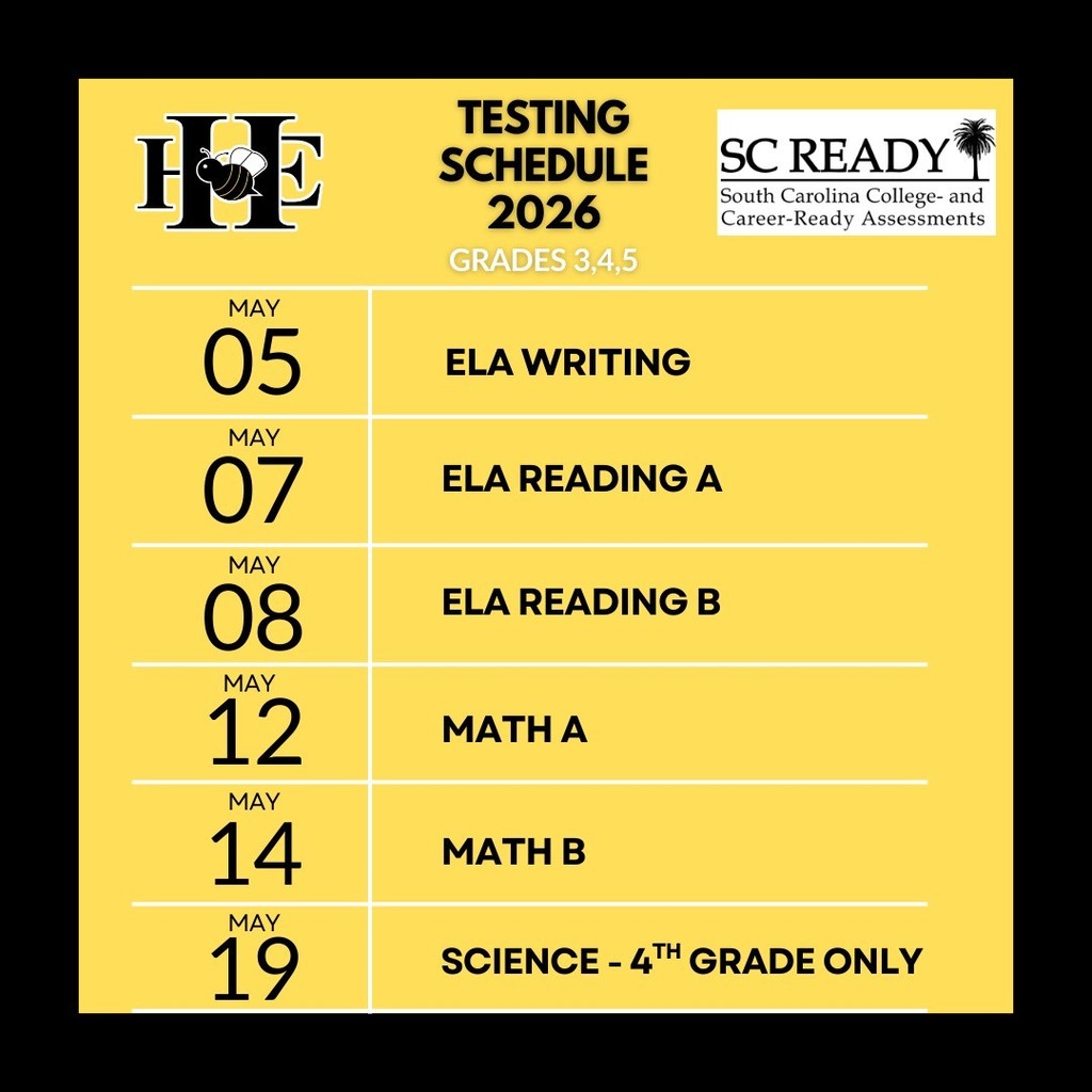 yellow background with testing dates for grades 3-5 during May