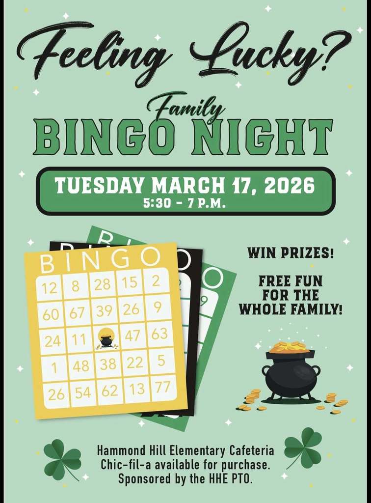 green background with bingo cards and pot of gold with details about Bingo night Mar. 17