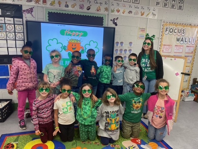 Ms. Yuan's 5K class at Greendale Elementary school decked out with green shamrock sunglasses.