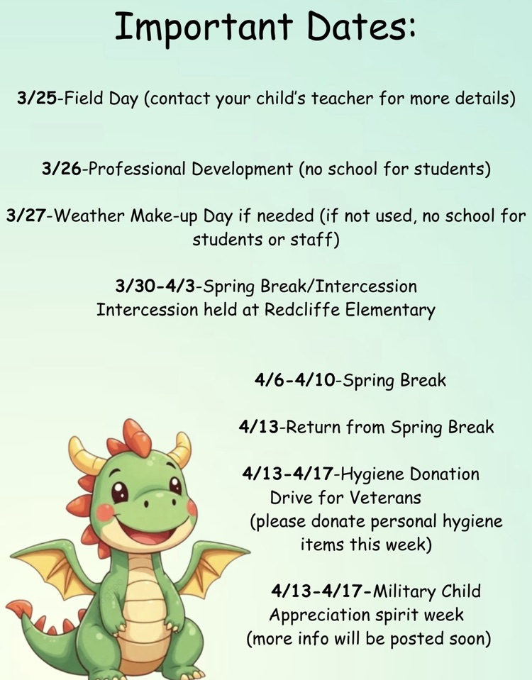 important dates flyer with dates and fonts in black on a green background with cute dragon clipart