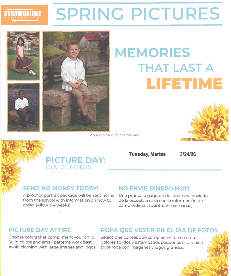 A flyer has an image of children having their school picture being taken.