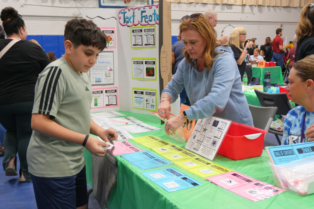 Student learning about text features through flashcards.