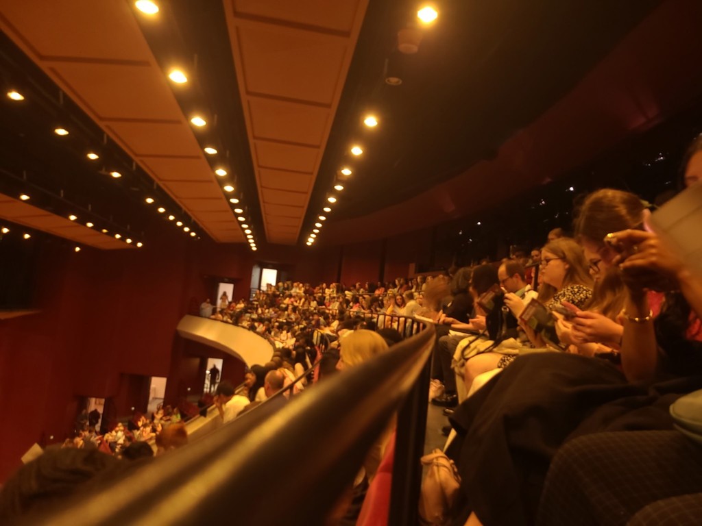 View of theater patrons from angled viewpoint.