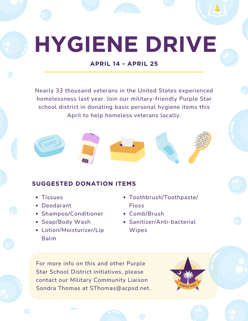 Hygiene Drive April 14 to April 25, for donating basic personal hygiene items to help homeless veterans locally. 