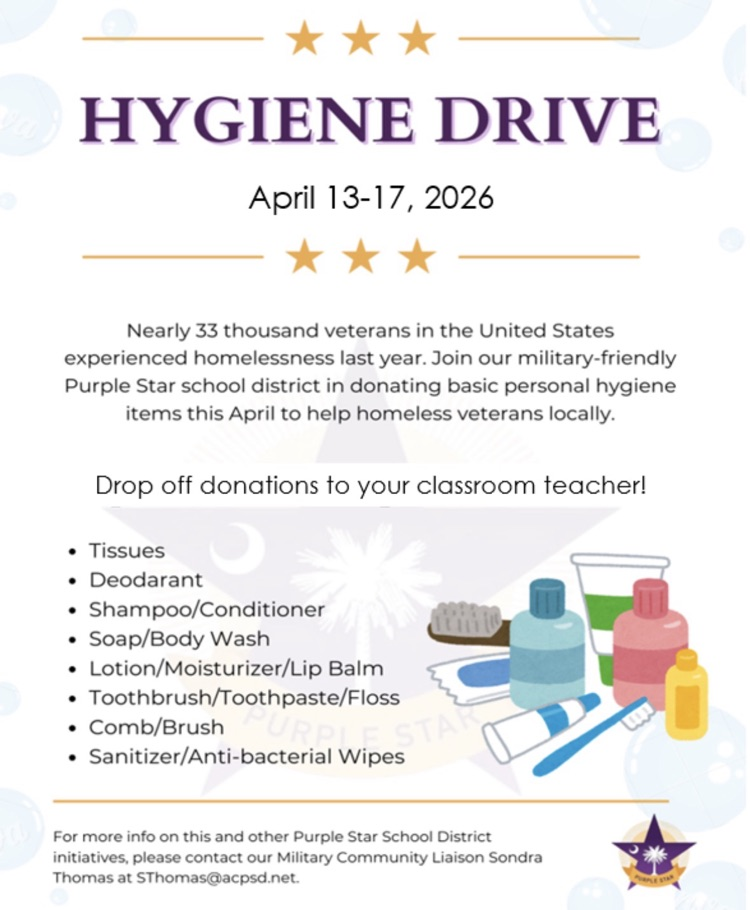 hygiene drive flyer with a list of needed items such as soap, body wash, toothbrushes, toothpaste, combs, lotions, lip balm