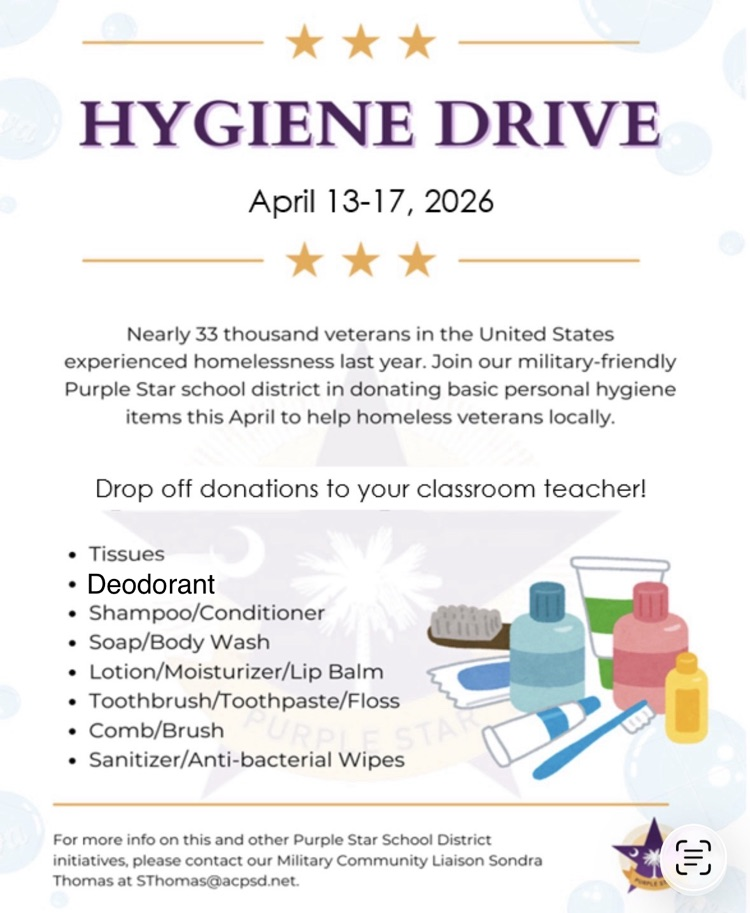 hygiene drive flyer asking for donations for veterans. toothbrushes, soap, wipes, sanitizer, etc.