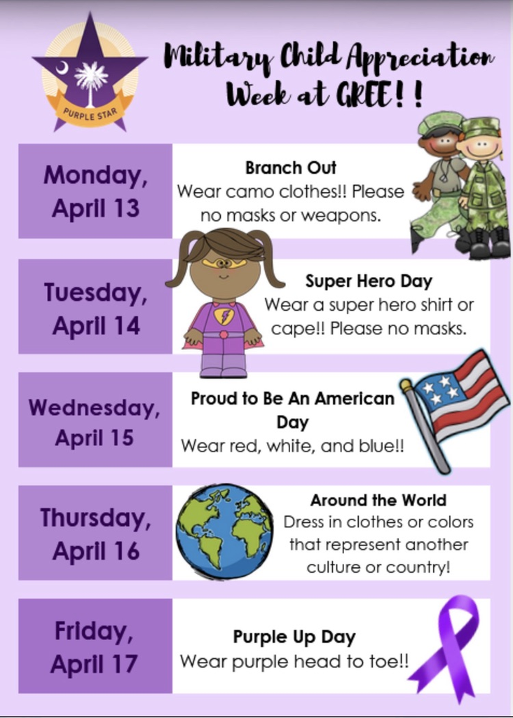 military child appreciation spirit week flyer. dress up each day. 
