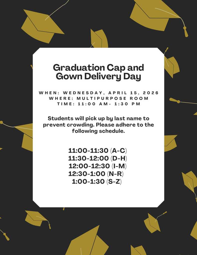 Grad caps with text on cap and gown delivery dates and names.