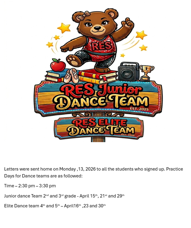 Redcliffe Elementary Junior and Elite Dance Team announcement. Practice time is 2:30 to 3:30 p.m. Junior Dance Team for 2nd and 3rd grades will meet April 15, 21, and 29. Elite Dance Team for 4th and 5th grades will meet April 16, 23, and 30. Letters were sent home to students who signed up. Graphic features a school mascot bear in a dance outfit with dance-themed items.