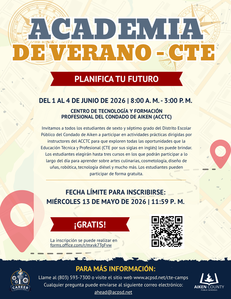 Este folleto invita a estudiantes de sexto y séptimo grado a la Academia de Verano de CTE gratuita en el ACCTC del 1 al 4 de junio de 2026.